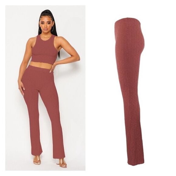 NEW Ribbed knit flared pants high waisted long rust Cotton Blend by AGRADE - Picture 2 of 5